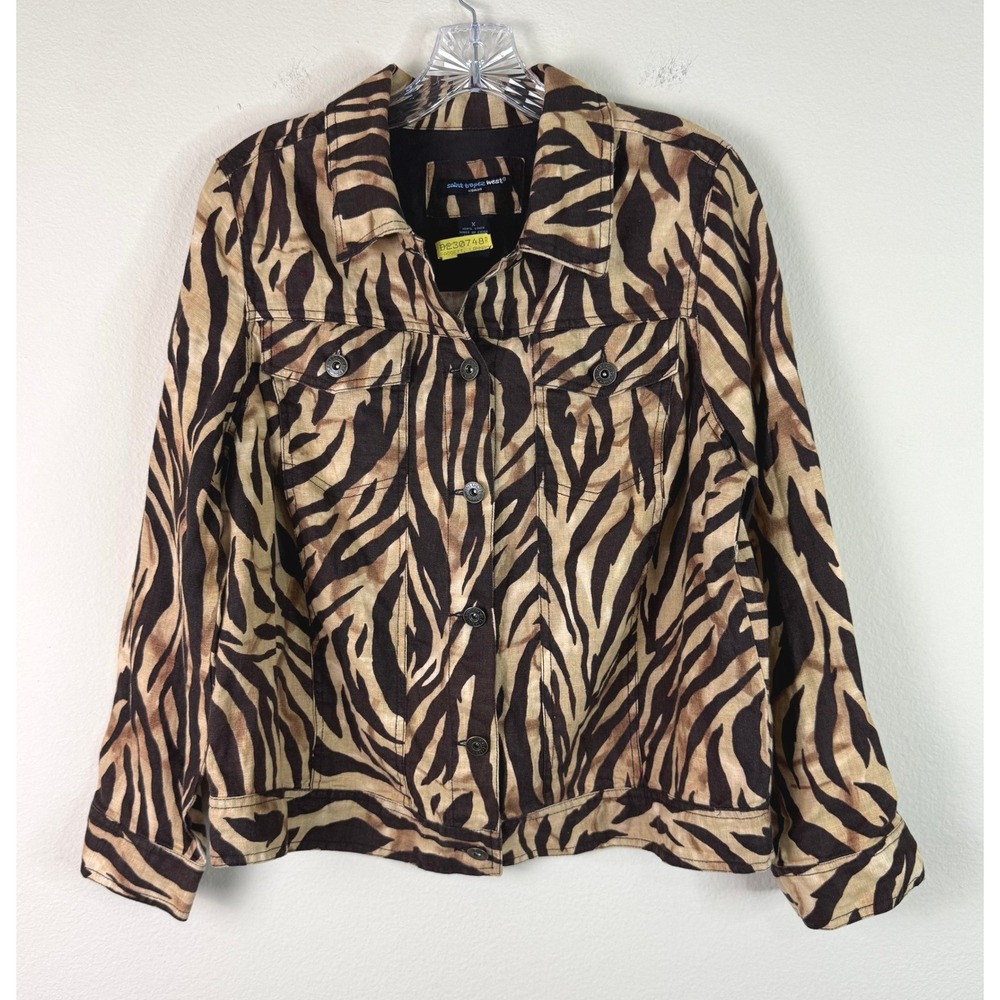 Saint Tropez West Jacket Womens X Brown Zebra 100% Linen Button Front Trucker